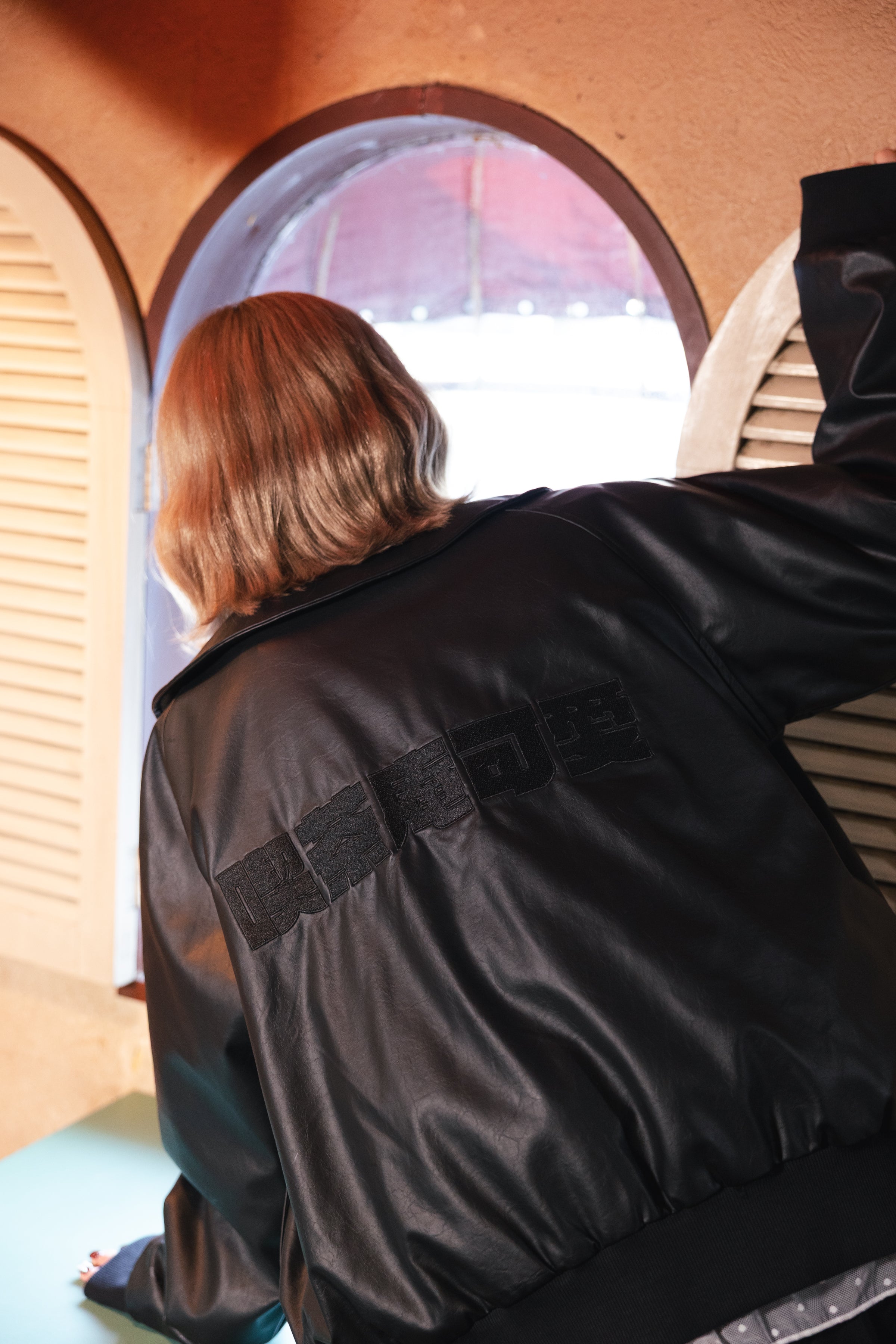 EMBROIDERY FAUX LEATHER BLOUSON